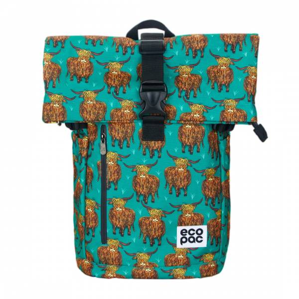 FB1-26 Teal Highland Cow Roll Up Backpack